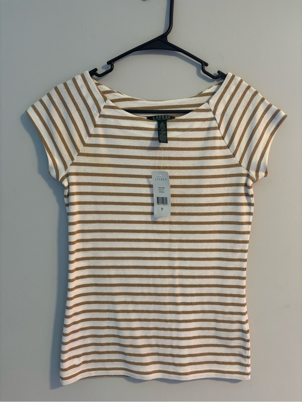 Lauren Ralph Lauren Cream and Tan Striped Boatneck Short Sleeve Top